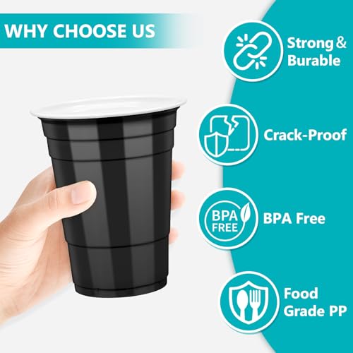 Black Plastic Cups 16 oz Disposable Party Cups Set of 50 - Heavy Duty