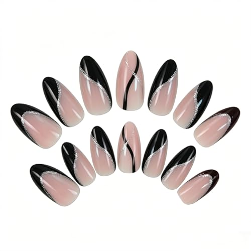 Medium Almond French Tip Press-On Nails Style 9 - Black Glitter Fake Nails, Reusable