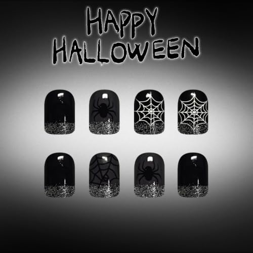 Halloween Press On Nails Short Square Black Nails with Spider Web Design & Glitter Tips - Reusable Fall Holiday Manicure 24Pcs - Color31