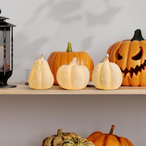 Lighted Ceramic Pumpkin Set of 3 Fall Table Centerpieces - White Halloween Thanksgiving Decor