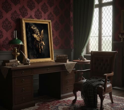 Dark Academia Gothic Wall Art - Moths Lace Hand with Gold Frame 16x12in - Victorian Moody Artwork for Bedroom & Dorm - Variation of Moths Lace Hand Framed