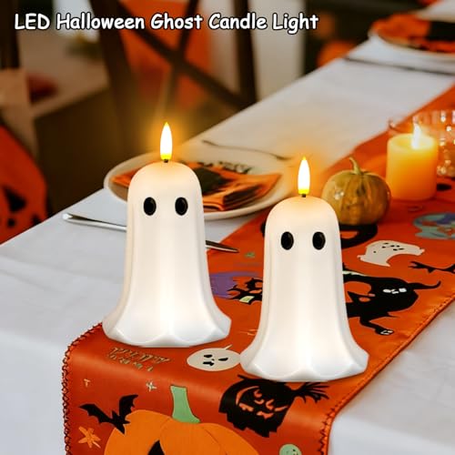 Halloween Ghost Candle Lights 2pcs with Remote - Flameless LED Ghosts with Timer, Indoor Outdoor Spooky Decorations