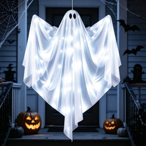 Halloween Hanging Light Up Ghost - 47-Inch White Swinging Ghost with LED, Waterproof Outdoor Decor - Variation: Cool White