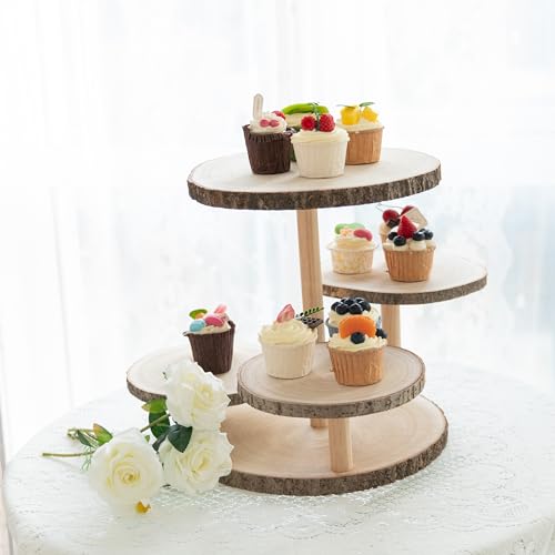 Wood 4-Tier Round Cake and Cupcake Stand Combo Rustic Wooden Dessert Display for Parties