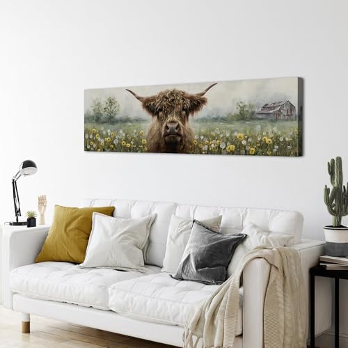 48 Inch Highland Cow Farmhouse Wall Art - Rustic Dandelion Scene for Living Room