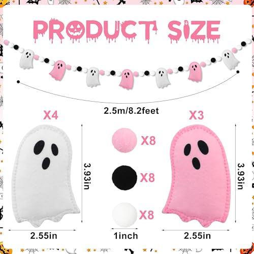 Halloween Felt Ghost Garland - Pre-Strung Pink & White Ghosts with Felt Balls, 8.2 Feet Home Holiday Decor