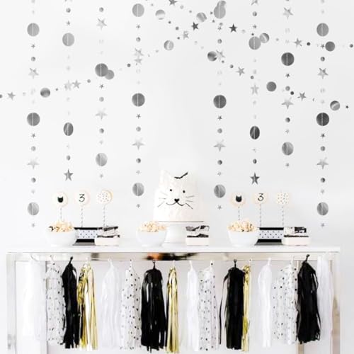 52 Feet Silver Star Circle Dot Decorations Glitter Backdrop Banner for Parties