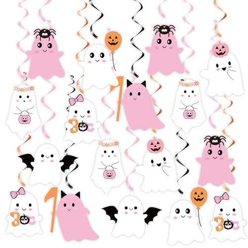 Pink Halloween Ghost Hanging Decorations Set - Spooky Party Swirls & Cutouts
