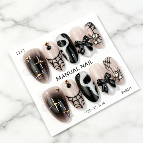 Colorful Ghost Spider Web Press On Nails with 3D Bow & Diamond - Halloween Fake Nails