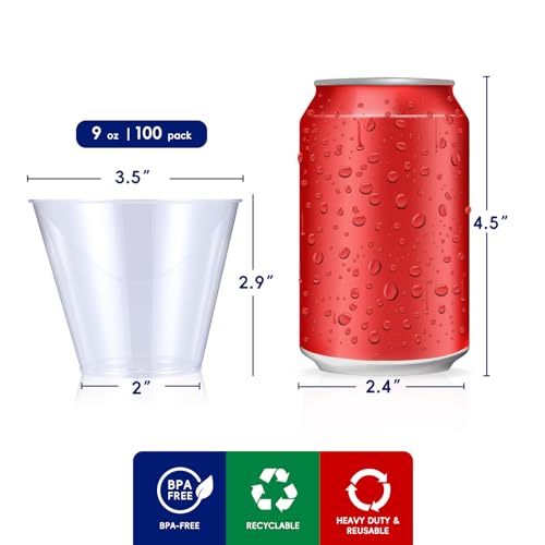 Disposable Plastic Cups 9oz Clear Pack of 100 Heavy Duty Party Tumblers