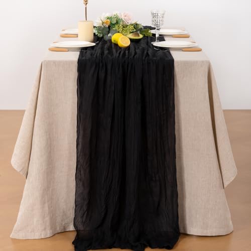 Black Cheesecloth Table Runner 10ft Pack - Boho Wrinkled Gauze for Wedding & Home Decor