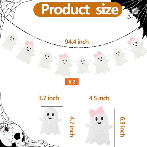 Halloween Ghost Garland Banner - Pink & White Glitter Halloween Decorations - 16 ft Set