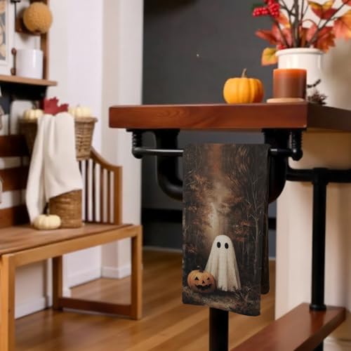 Halloween Ghost Pumpkin Kitchen Towel Set - Vintage Rustic Hand Towels for Bathroom & Kitchen - 16x24 Inch - Ghost Variation