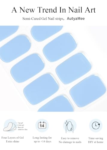 Semi Cured Gel Nail Strips Light Blue - 20 Pcs Salon Quality Nail Wraps