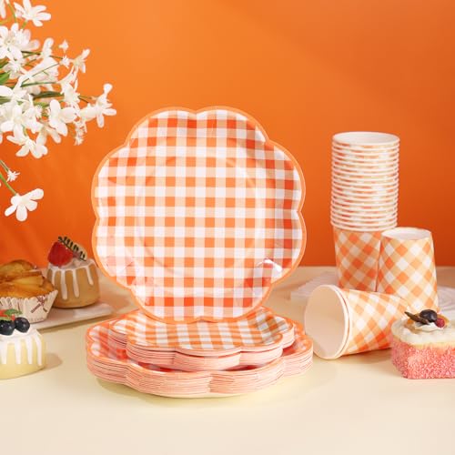Orange Gingham Party Plates and Napkins Set - Serves 25 - Variation of THIS listing