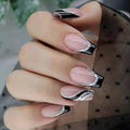 24PCS French Tip Press-On Nails Medium Length Square Fake Nails with Silver Glitter Line Designs