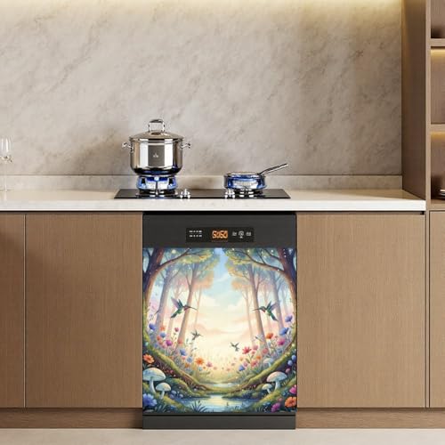 Spring Forest Floral Dishwasher Magnet Cover - Colorful Fridge Panel Decal, Trimmable 26x23 Inch, Bird & Flower Design