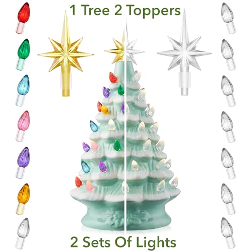 Hand Painted Ceramic Christmas Tree - Seafoam Snow Flocked 12-Inch Pre-Lit Tree with Multi-Color Lights & Star Toppers