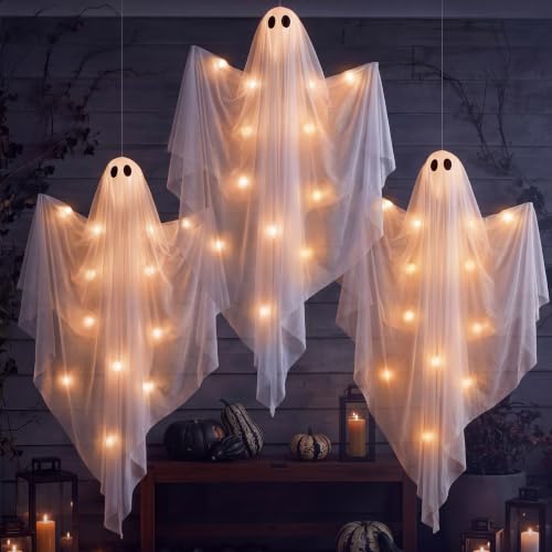 35-Inch Light Up Halloween Ghost Decor Set with Timer for Outdoor & Indoor Spooky Decorations