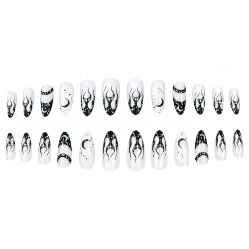 Gothic Press On Nails Set - Medium Almond Fake Nails with Black Moon & Flame Design, Style06