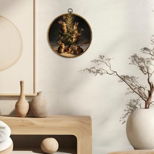 Bunny Christmas Tree Round Wall Art - Rustic Winter Rabbit Decor, 10x10 Inch, Variation 26