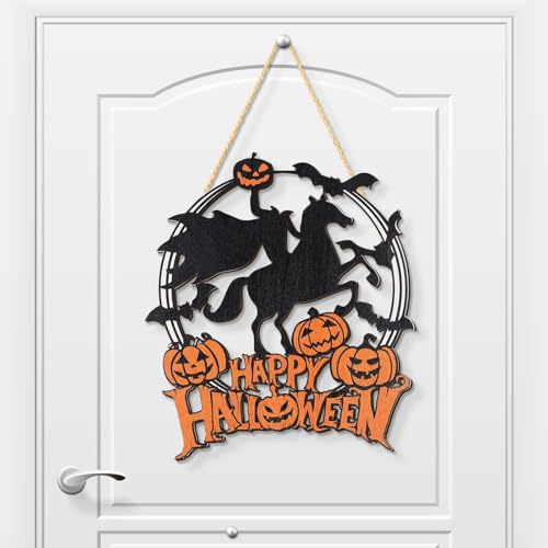 Halloween Welcome Sign for Front Door Headless Horseman Pumpkin Bat Wooden Hanging Sign Halloween Decor