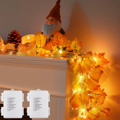 2 Pack Fall Maple Leaf Garland with Lights - 8 Lighting Modes Waterproof Battery Operated Decor