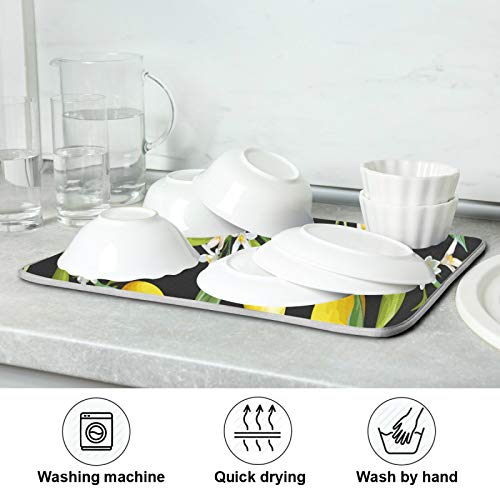 Yellow Lemon on Black Dish Drying Mat - 18x24 Inch Microfiber Kitchen Counter Protector