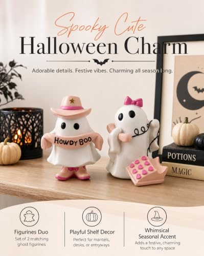 Pink Howdy Boo Ghost and Telephone Resin Halloween Figurines Set - Cute Ghost Decor