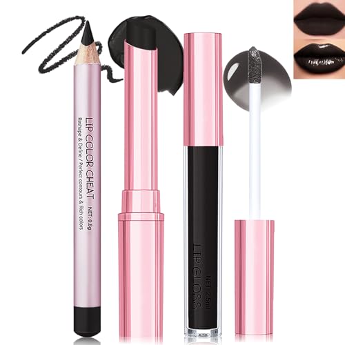 3 Pack Black Lip Combo Set - Matte Lip Liner, Lipstick & Gloss - Variation B- Set 5