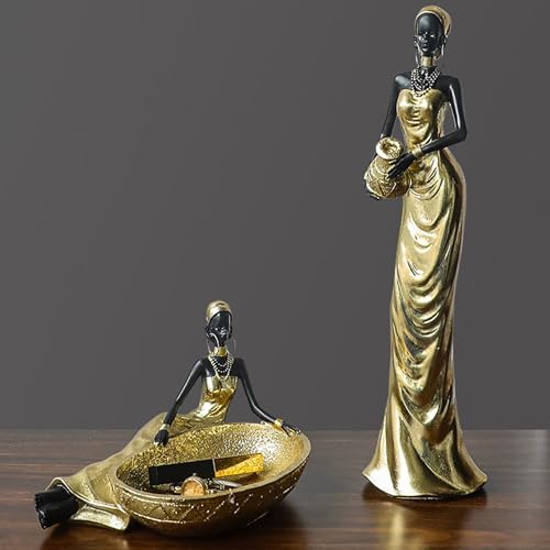 African Tribal Lady Jewelry Dish Tray - Gold & Black Handmade Home Decor