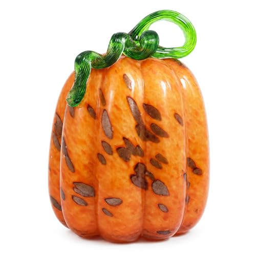 Blown Glass Pumpkin Decor - Classic Orange, Medium Tall, Fall Halloween Table Centerpiece