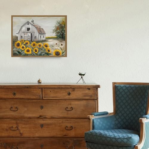 Barn Sunflower Wall Art Canvas - Rustic Farmhouse Decor, 16x12 Inch, Ready to Hang