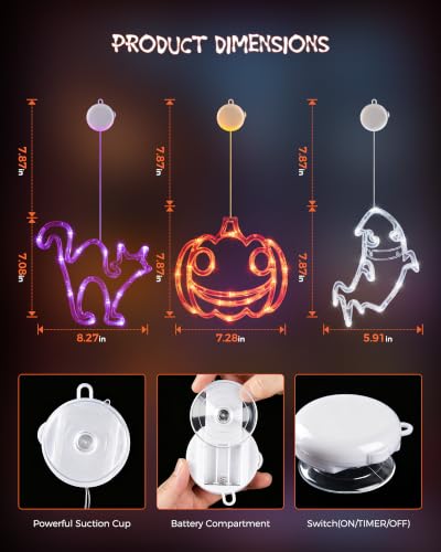 Minetom 3 Pack Halloween Window Lights - Pumpkin Ghost Cat with Timer - Battery Operated Decorations