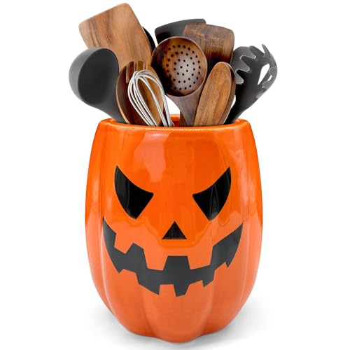 Halloween Ceramic Pumpkin Utensil Holder - Orange Halloween Kitchen Decor