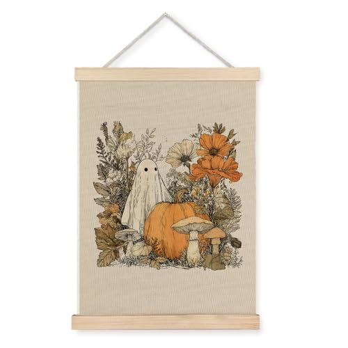 Gua Hua Halloween Fall Floral Pumpkin Ghost Wall Art Poster with Frame - 12x16 Inch Halloween Wall Decor for Home Bedroom Living Room - BearCake