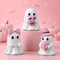 Pastel Halloween Ghost Figurine Set - Pink & White Resin Decorations with Bow, Witch Hat & Pumpkin
