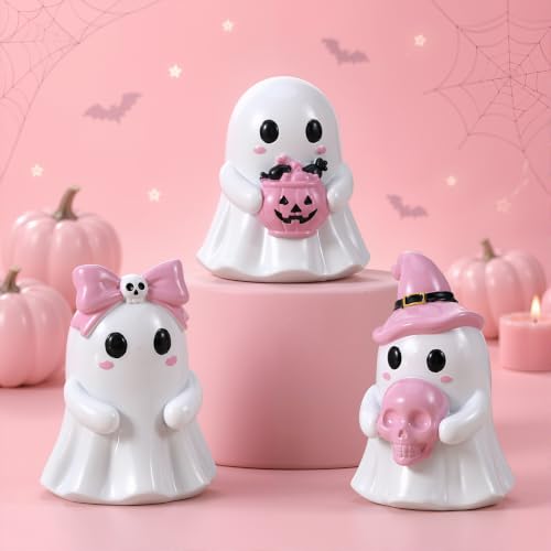 Pastel Halloween Ghost Figurine Set - Pink & White Resin Decorations with Bow, Witch Hat & Pumpkin
