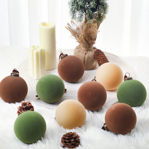 Velvet Christmas Ball Ornaments Set - 30pcs 3.15 Inch Flocked Holiday Decor - Green, Brown, Beige