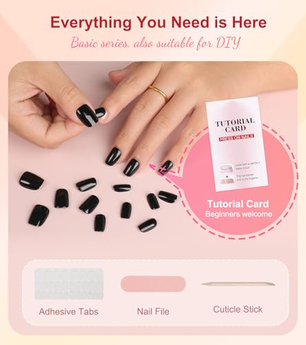 Morily Black Press On Nails Short Square Gel Finish - Glossy Black, 16 Sizes, 32 Pcs