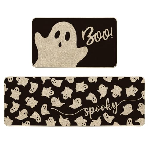 Ghosts Boo Halloween Kitchen Mats Set of 2 - 17x29 & 17x47 Black