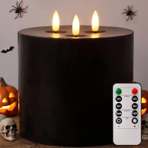 Black Flameless Candle 6x6 Inch with Remote Control - Real Wax, Safe & Adjustable