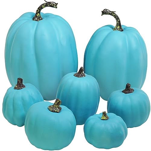 Assorted Teal Blue Artificial Pumpkins Halloween Fall Decor - 7 Pcs, Coastal Style