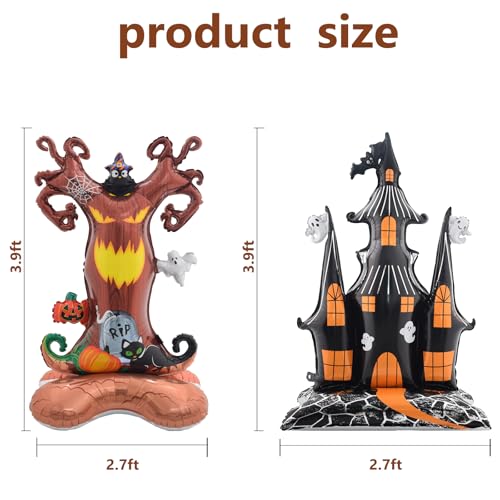 Halloween Standing Foil Balloons Set - Ghost Castle & Spooky Tree, 4ft, Helium-Free, Self-Standing Halloween Decorations with Variation Castle & Tree