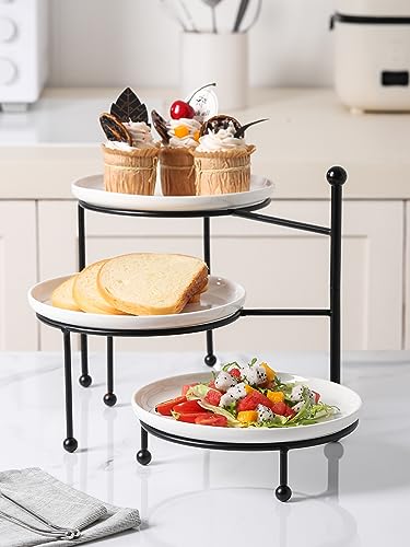 Black 8-Inch 3-Tier Serving Stand with Porcelain Plates for Entertaining