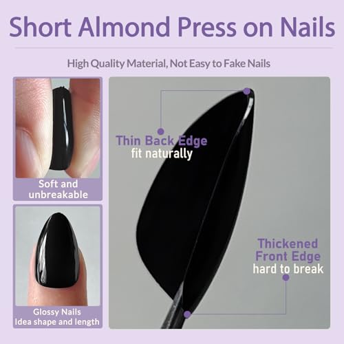 Black Short Almond Press On Nails Kit - 240pcs Fake Nails with Adhesive & Tools