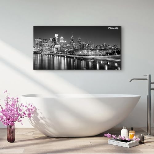 Philadelphia Skyline Wall Art Canvas - Black & White Cityscape, 48 x 24 Inches - Night View Cityscape Poster for Home & Office Decor