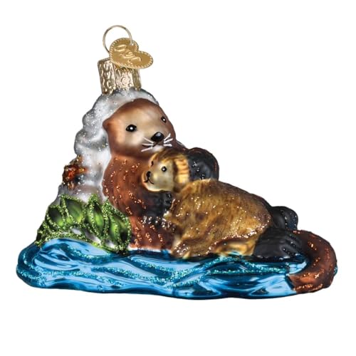 Otter with Pup Glass Blown Christmas Ornament - Coastal Holiday Decoration
