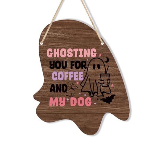 Halloween Wall Decor Ghost Sign - Irregular Wooden Ghost Hanging Sign with Jute Rope - Ghosting Variation