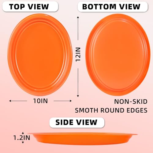 Orange Plastic Plates - 50 Count, 10x12 Inch Oval Disposable Tableware